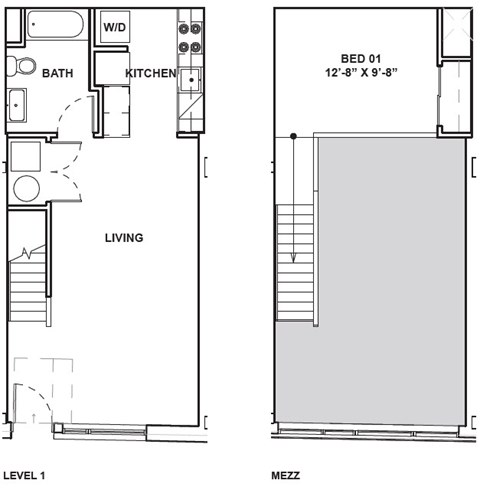 A floor plan shows a bedroom, a bathroom, a kitchen, and a living room.